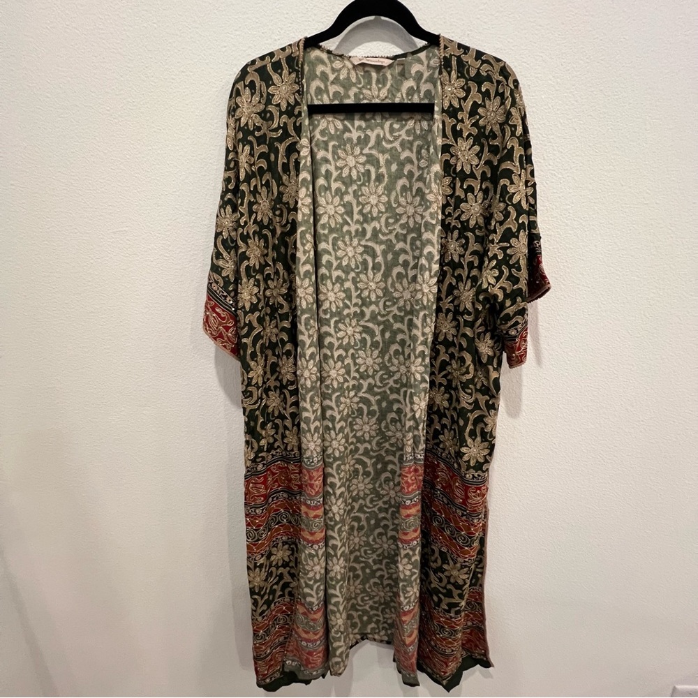 Soft Surroundings 1X Duster Kimono Embroidered Metallic Floral Boho renaissance